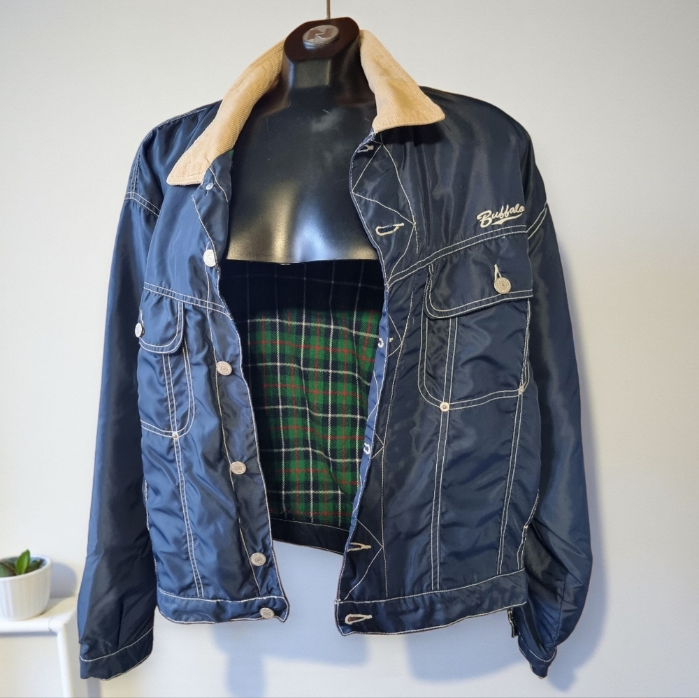 Buffalo Vintage Blue Nylon Plaid Lined Bomber Jacket with Corduroy Collar